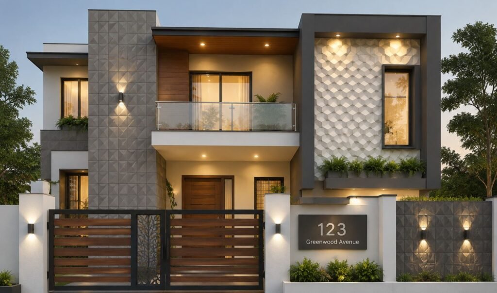 Modern 3D elevation tiles design for stylish Indian home exterior