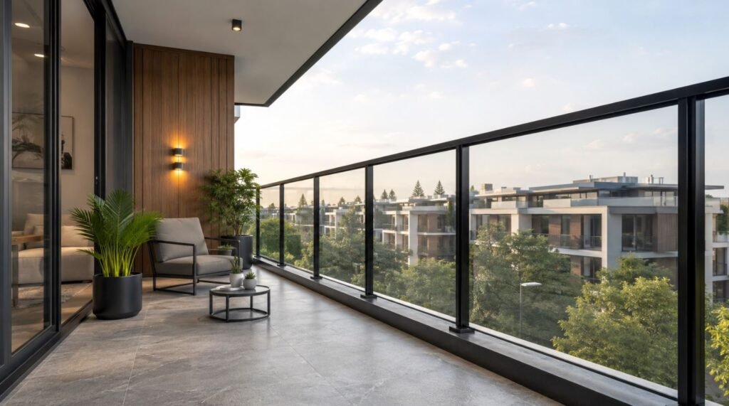 Black frame glass railing design for a contemporary balcony
