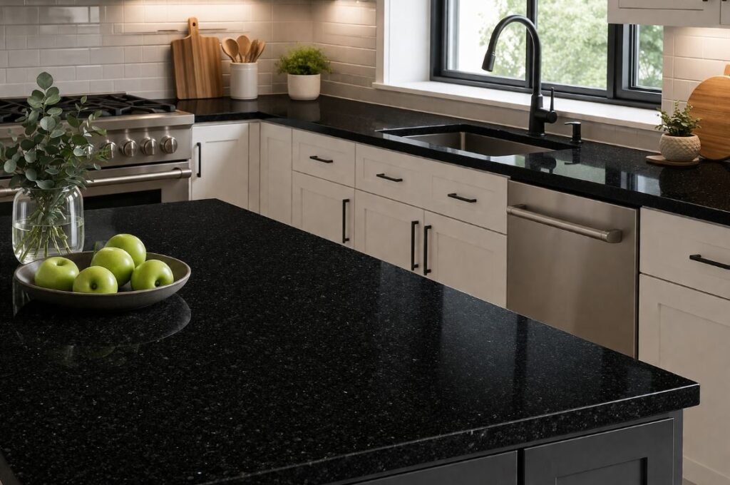Black granite kitchen countertop with modern cabinets