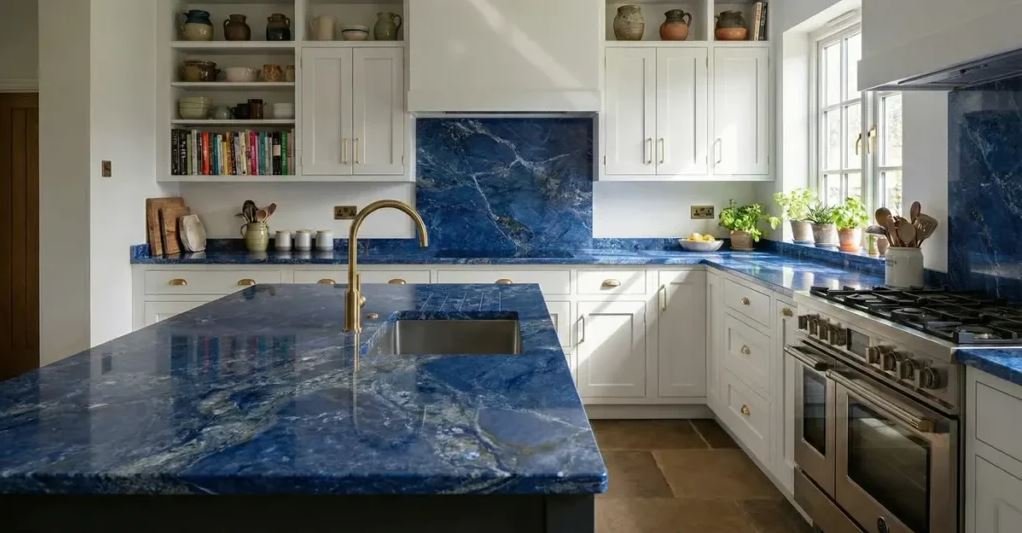 Blue granite kitchen countertop with natural stone patterns