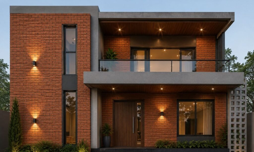 Brick inspired exterior tiles for a rustic Indian home front design