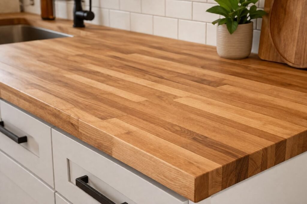 Butcher block wooden kitchen countertop for farmhouse kitchens