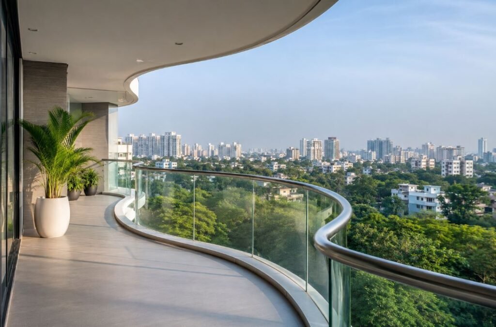 Curved glass railing design for a luxury modern balcony