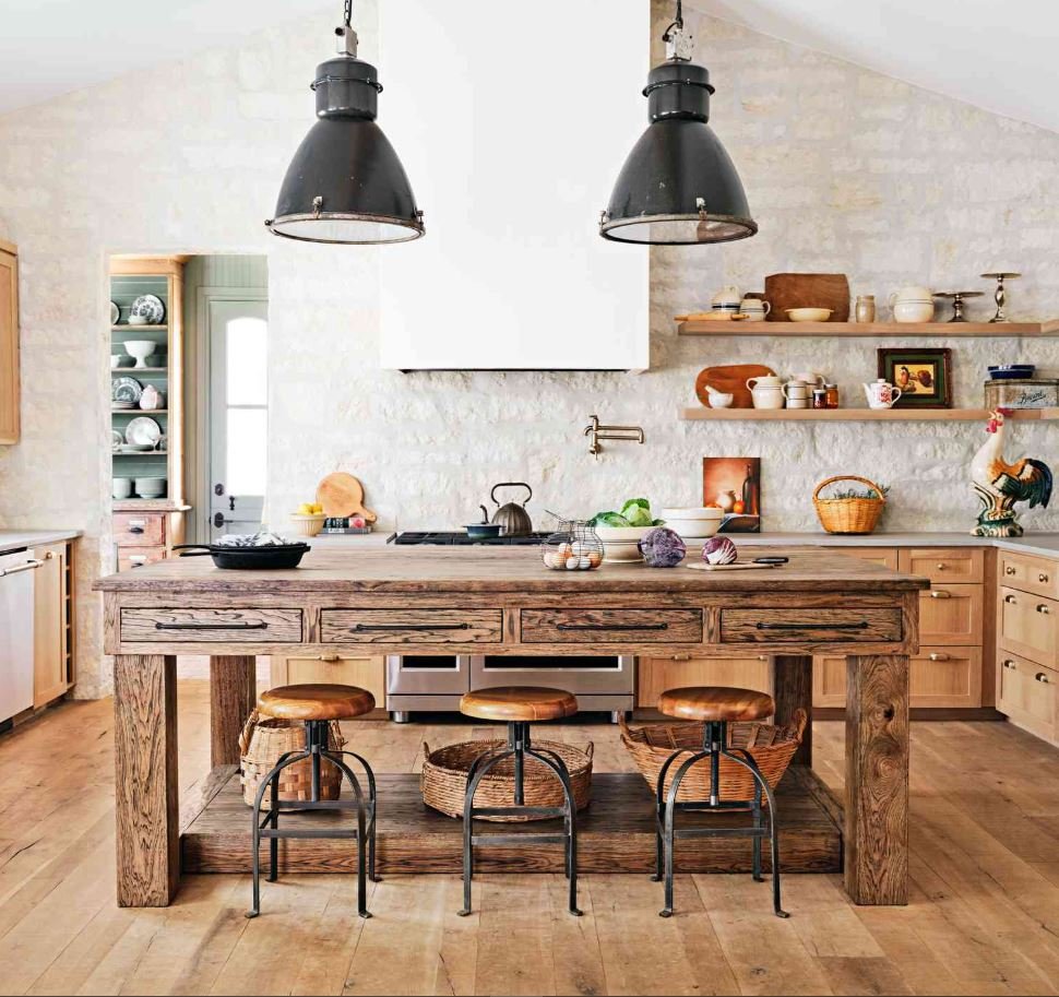 Farmhouse kitchen countertop with natural wood finish