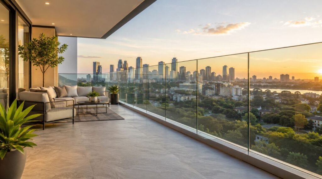 Frameless modern style glass railing design for balcony with clear tempered glass
