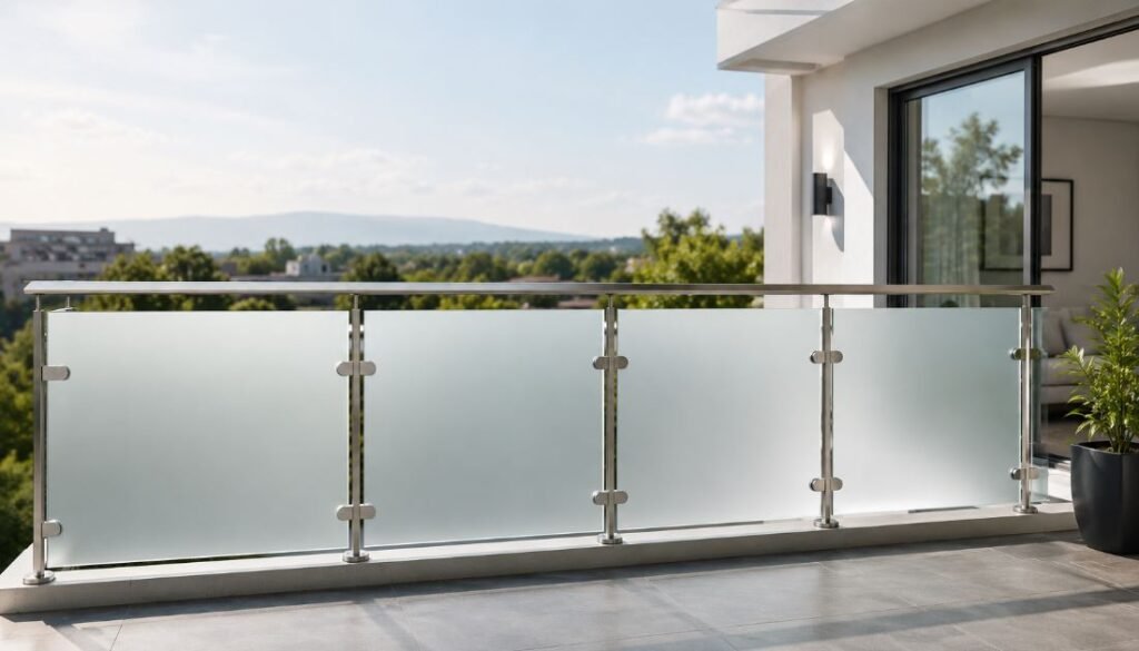 Frosted glass balcony railing design offering privacy and elegance