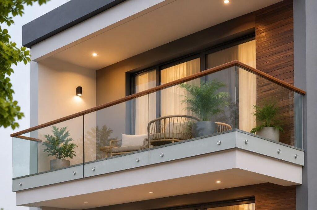 Glass balcony railing with wooden handrail for a contemporary home