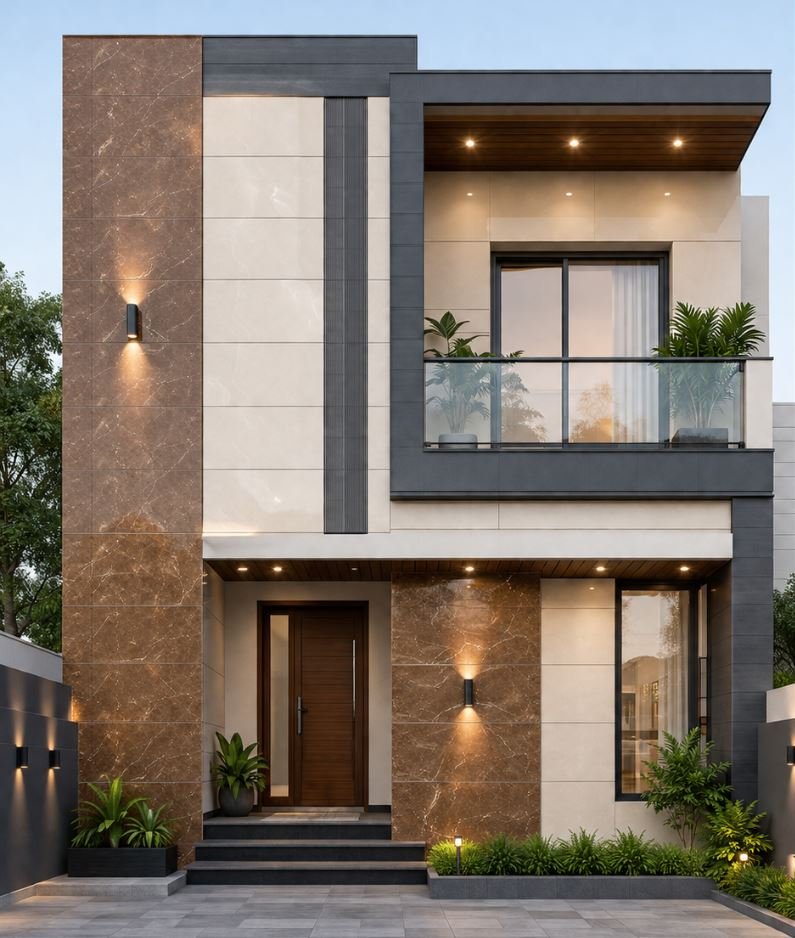 Glossy finish tiles enhancing the appearance of a home front elevation
