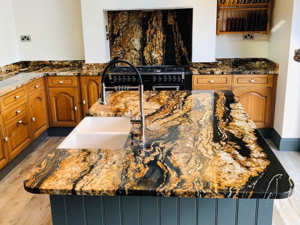Leather finish granite kitchen countertop with textured surface