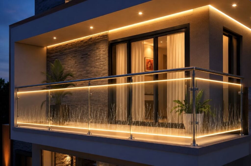 LED illuminated glass railing design for a modern balcony at night