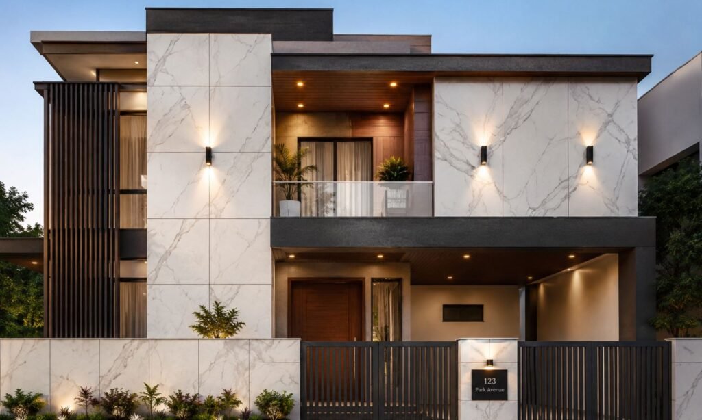 Marble finish tiles for a premium and elegant home front elevation