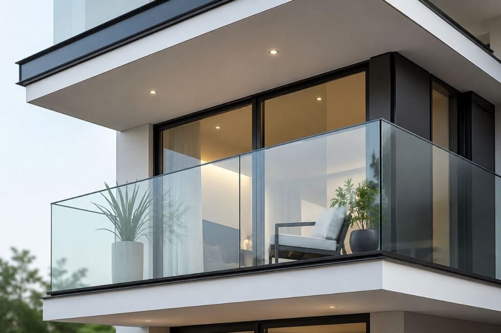 Minimalist glass balcony railing design with a sleek modern appearance