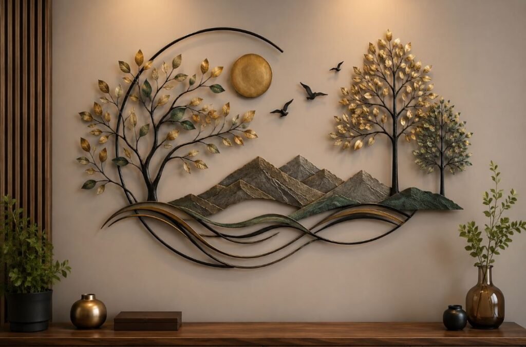 Nature-inspired metal wall art featuring leaves and trees for living room