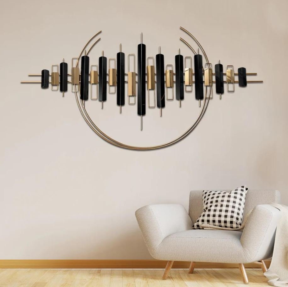 Oversized statement metal wall art for spacious living room