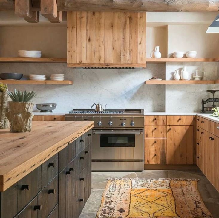 Rustic wooden kitchen countertop for farmhouse interiors