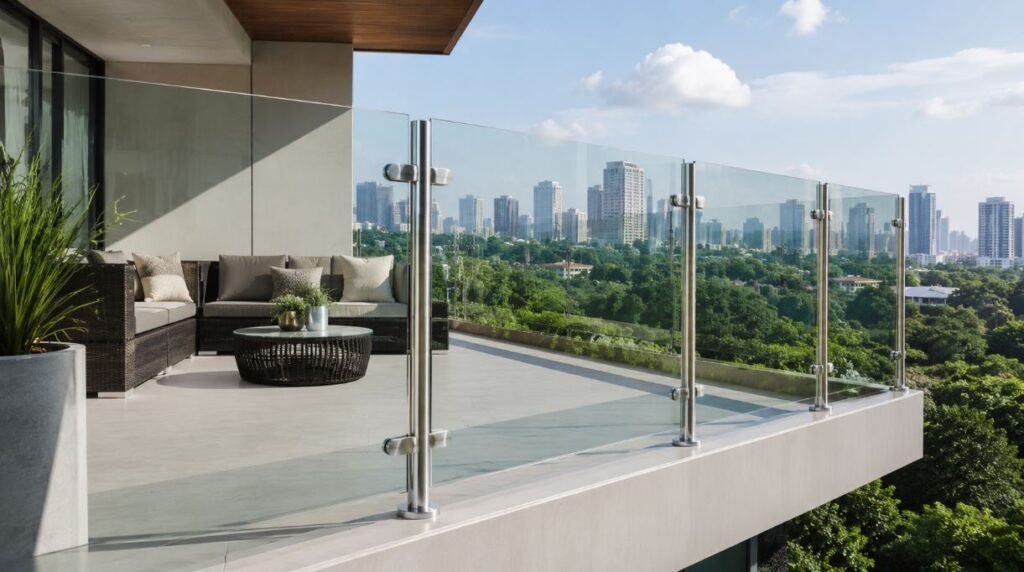 Semi-frameless glass railing design for a modern residential balcony