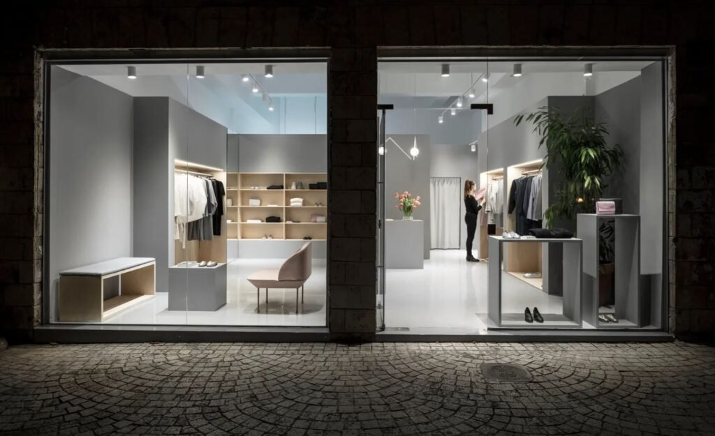 Outdoor spotlights highlighting a shop display area