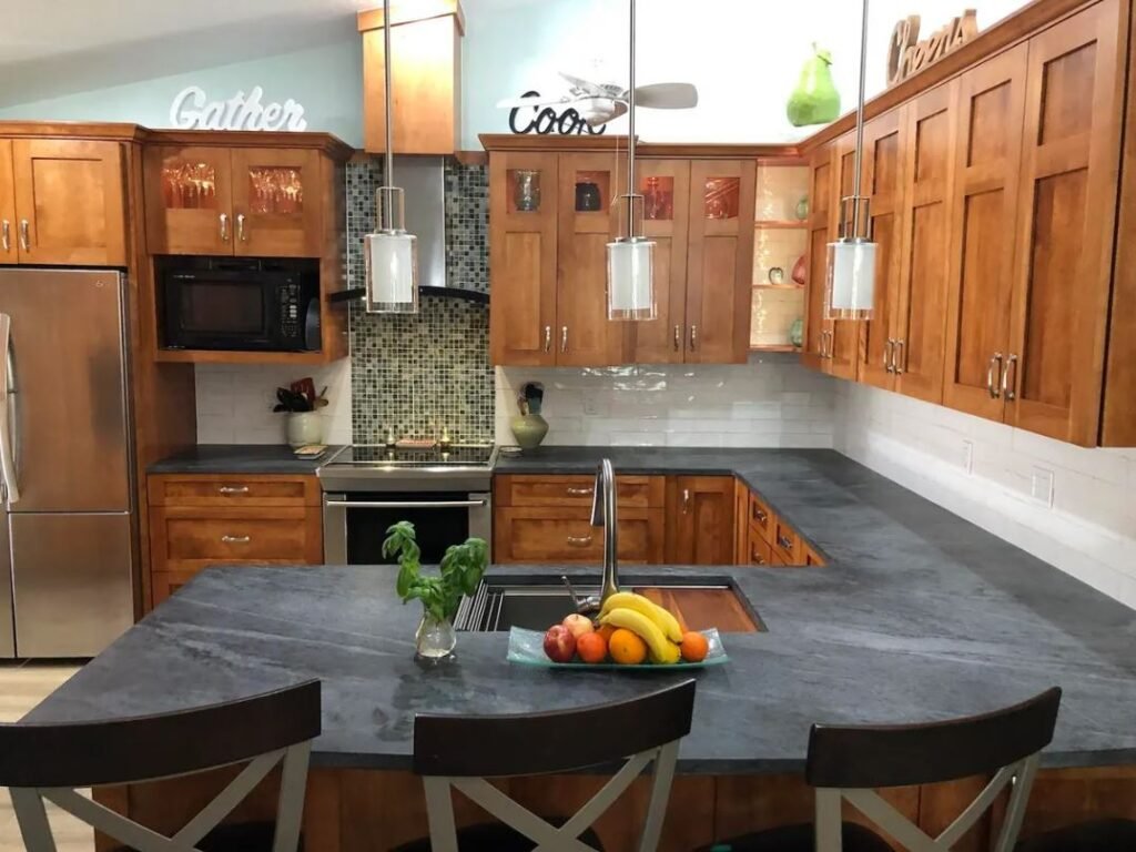 Soapstone kitchen countertop with natural grey finish