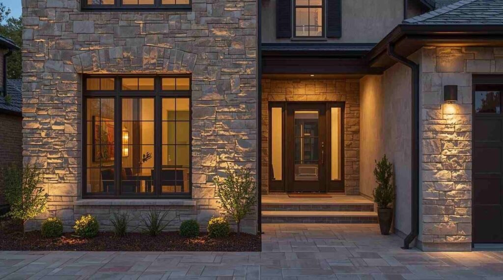 Stone finish tiles for home front elevation creating a natural exterior look