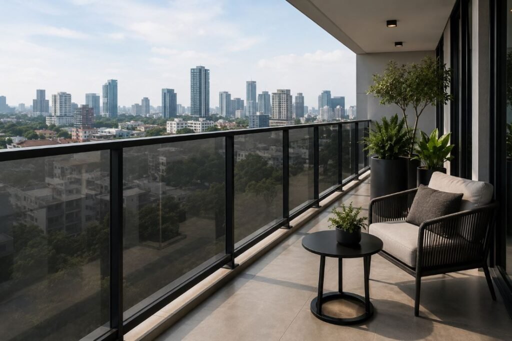 Tinted glass railing design for a modern balcony with enhanced privacy