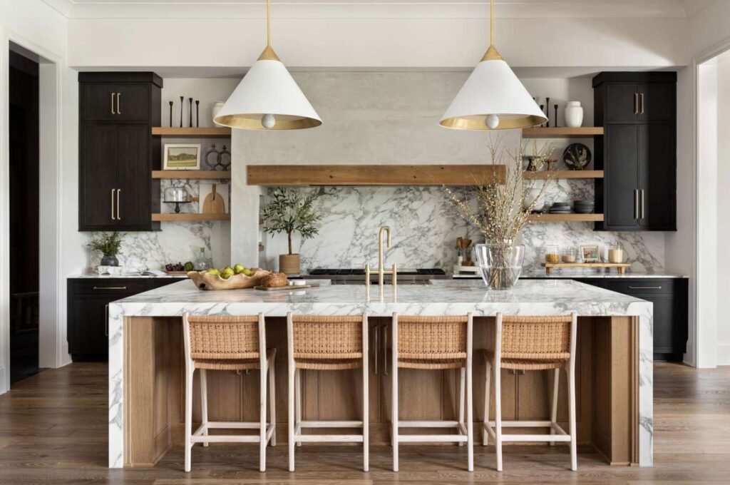 Waterfall edge kitchen countertop design with island