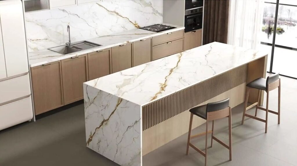 White marble kitchen countertop with gold veining
