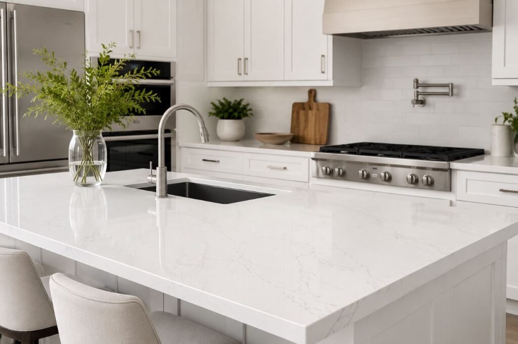White quartz kitchen countertop idea for a modern kitchen