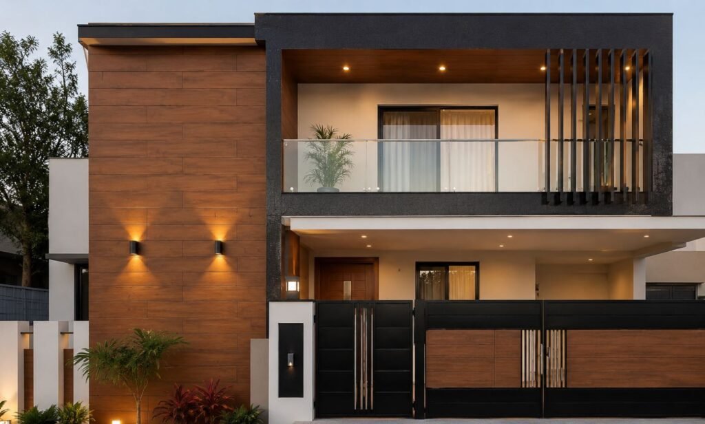 Wooden finish tiles adding a warm and modern look to home exterior
